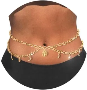 Bodiy Gold Belly Body Chain for Women Star Moon Waist Chains Layered Bikini Belly Jewelry Beach Body Accessory