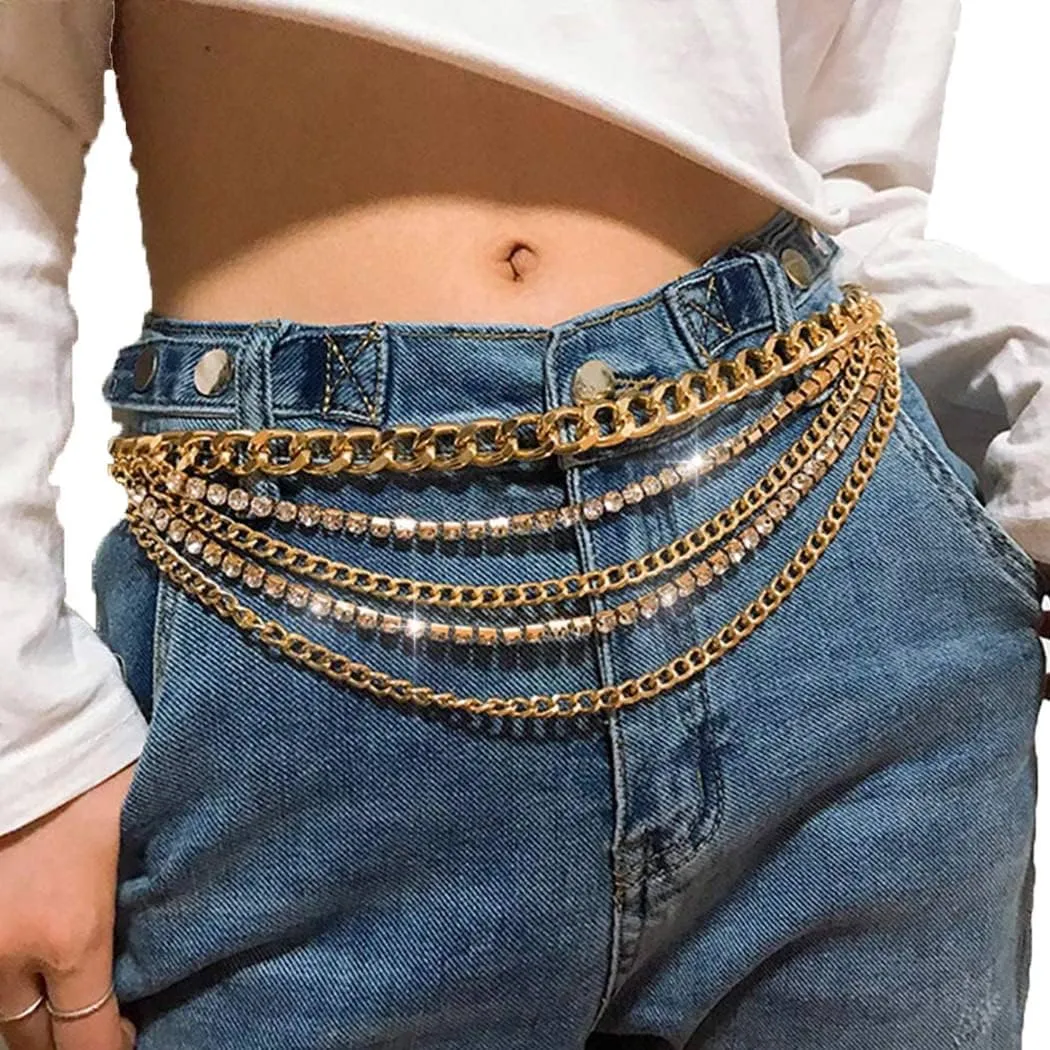 Bodiy Multilayer Waist Chain Belt Cuban Crystal Sparkly Belly Chains Rave Body Jewelry Accessories for Women and Girls
