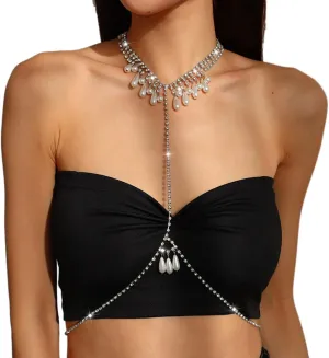 Bodiy Pearl Body Chain for Women Silver Crystal Chest Chain Tassel Sparkly Rhinestones Bikini Body Jewelry