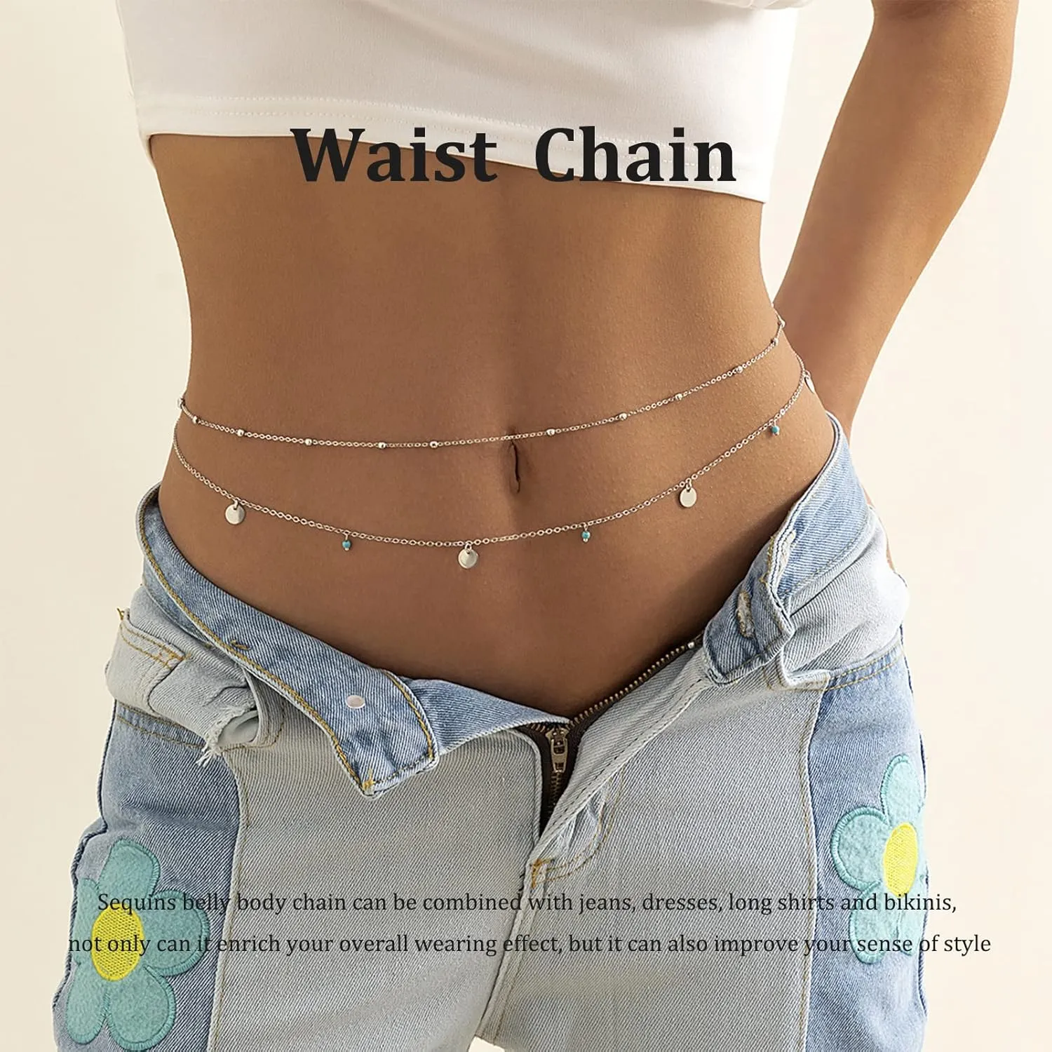 Body Chain Gold Silver Belly Chain Pearls Rhinestone Sequins Waist Chain Adjustable Layered Chain Belt Sexy Bikini Body Chain Jewelry for Women