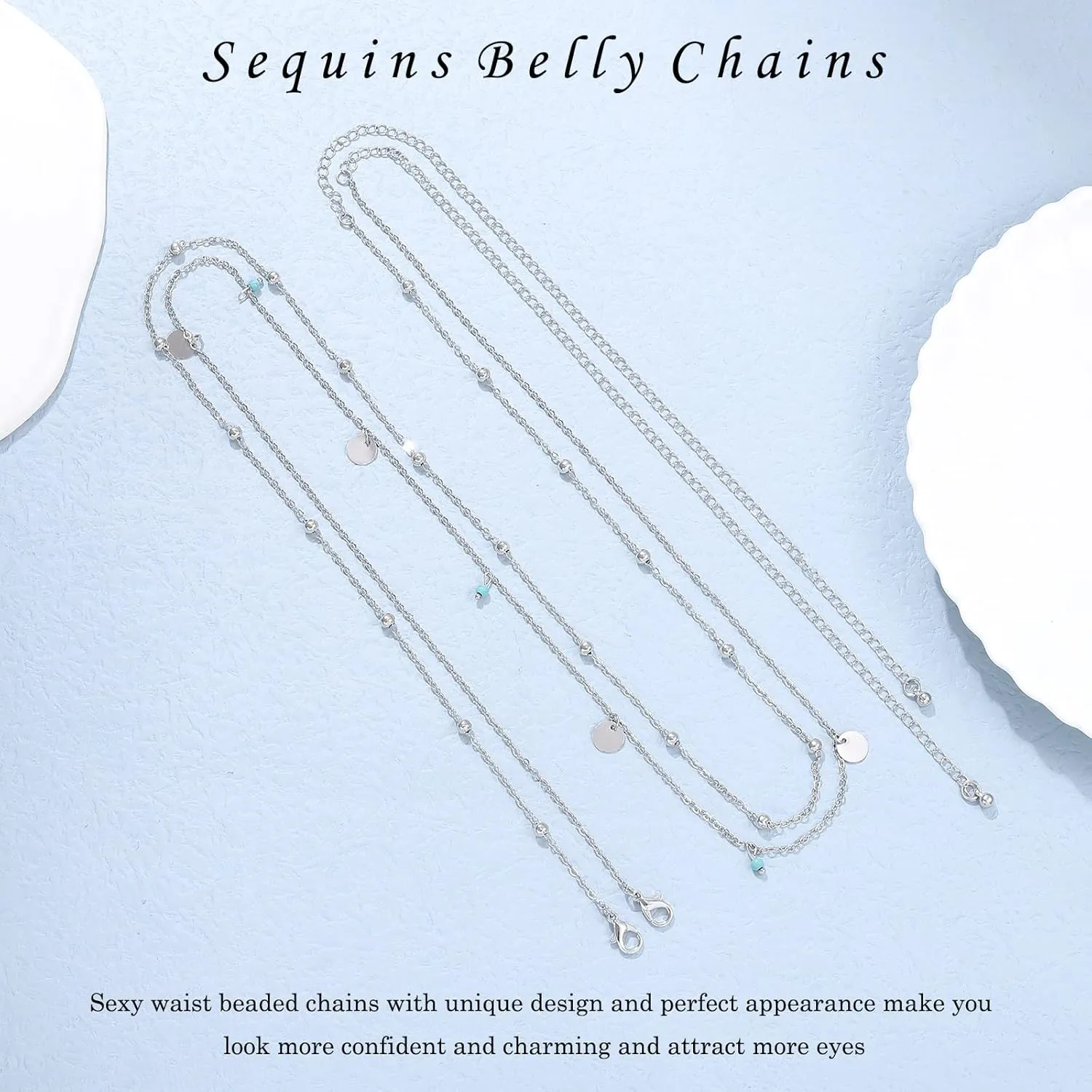 Body Chain Gold Silver Belly Chain Pearls Rhinestone Sequins Waist Chain Adjustable Layered Chain Belt Sexy Bikini Body Chain Jewelry for Women