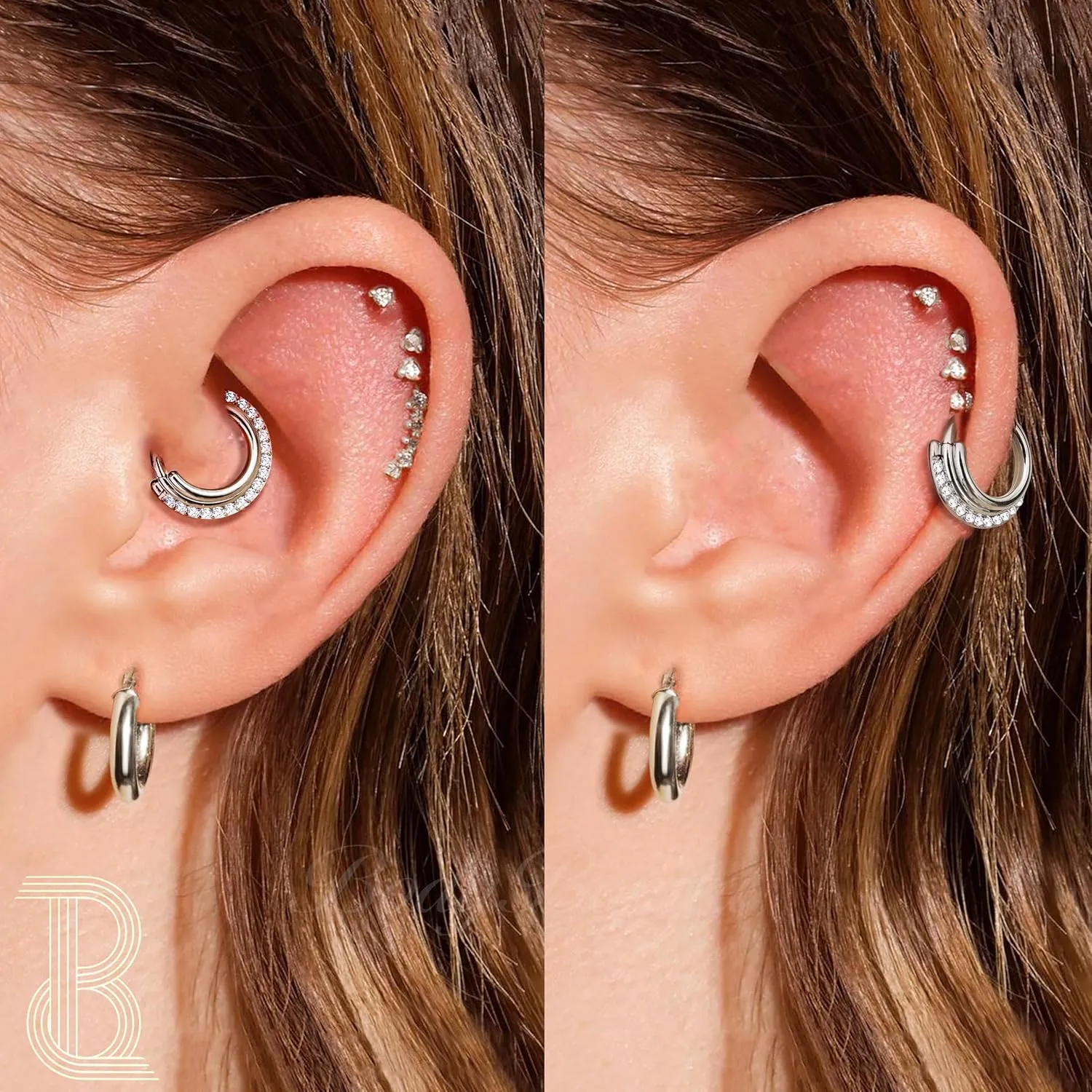 BodyBonita 16G Septum Rings Jewelry - Cubic Zirconia Luxe 316L Stainless Steel Hinged Nose Rings Hoops for Women Conch Piercing Jewelry Tragus Daith Helix Earring 14K Gold Plated/Silver 8 mm/10 mm