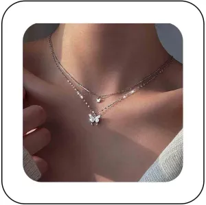 Bohemian Butterfly Pendant Necklace Choker Crystal Choker Necklace Layered Lace Chain Necklace Insect Chain Necklace Jewelry for Women