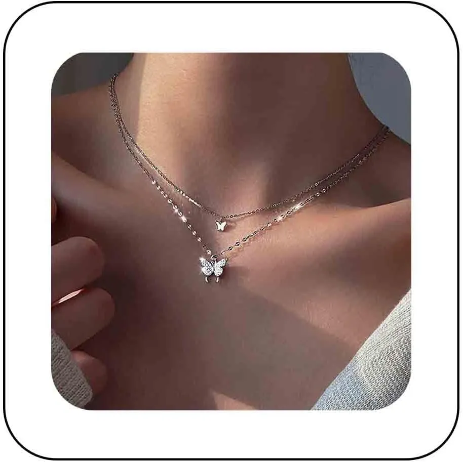 Bohemian Butterfly Pendant Necklace Choker Crystal Choker Necklace Layered Lace Chain Necklace Insect Chain Necklace Jewelry for Women