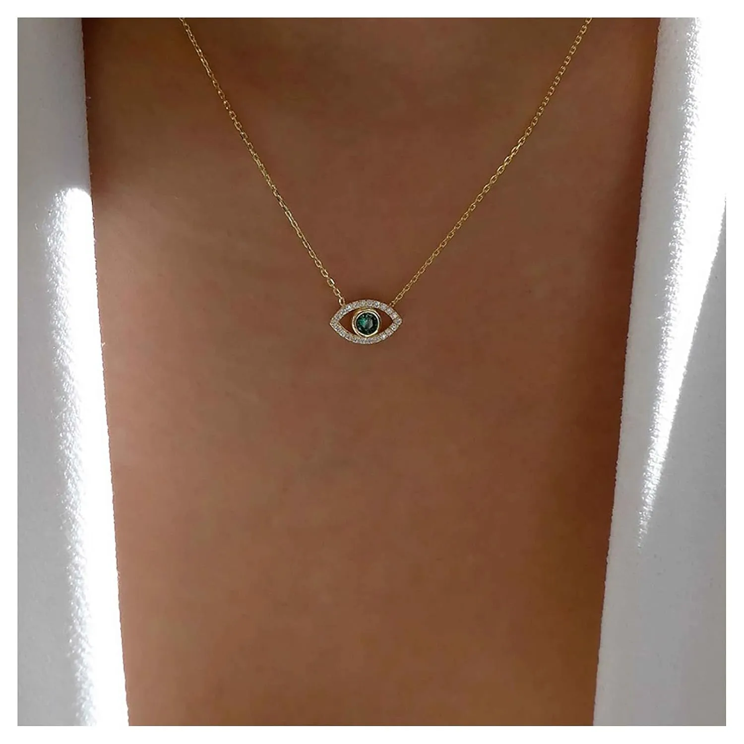Bohemian Emerald Evil Eye Pendant Necklace Gold Crystal Chain Green Cz Devil Choker Paved Rhinestone Demon Jewelry for Women