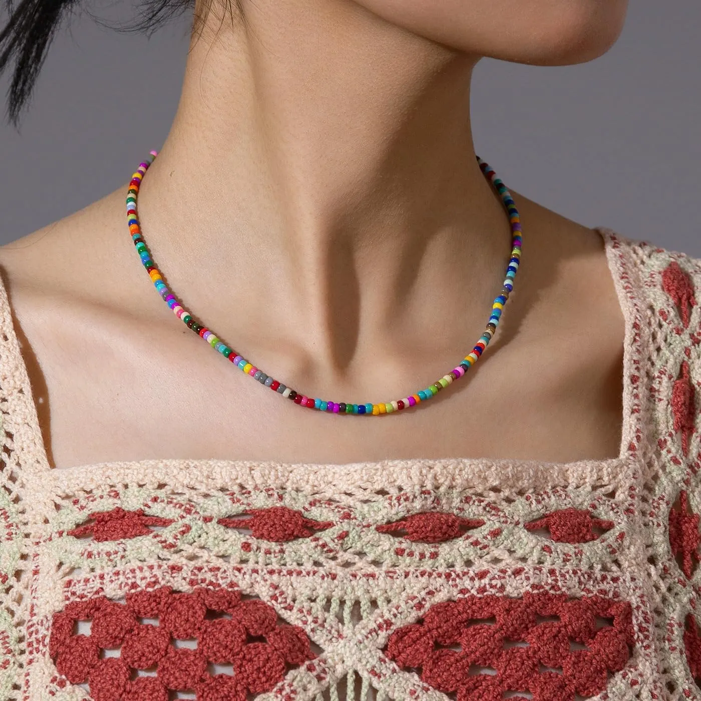 Bohemian Hawaiian Colorful Beaded 14K Gold Plated Cubic Zirconia diamond tennis necklace for Teen Girls Women
