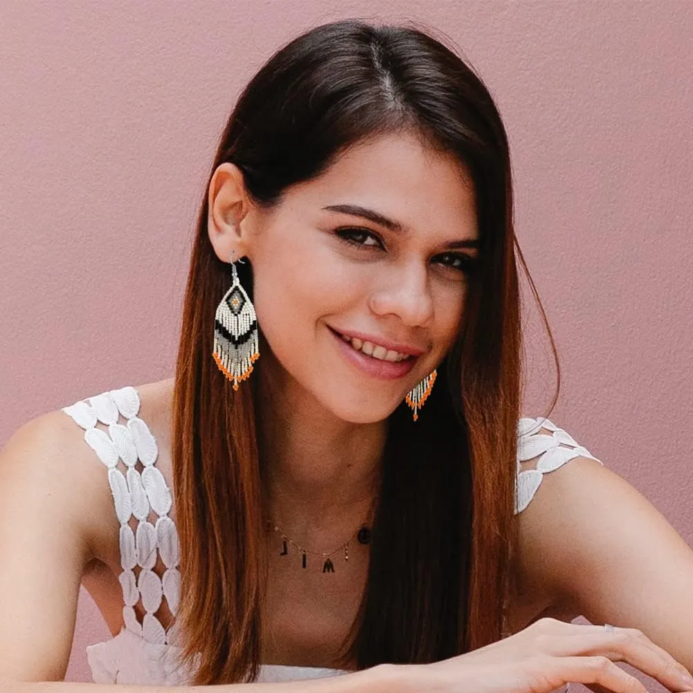 Bohemian Large Long Tassel Beaded Earrings Handmade Boho Native Statement Big Fringe for Women