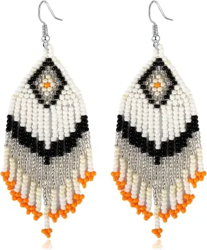 Bohemian Large Long Tassel Beaded Earrings Handmade Boho Native Statement Big Fringe for Women