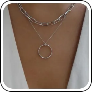Bohemian Layered Circle Choker Necklace Silver Eternity Circle Necklace Geometric Hollow Circle Pendant Necklace Exaggerated paperclip Chain Necklace Jewelry for Women