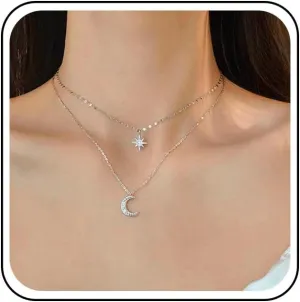 Bohemian Layered Crystal Star Choker Necklace Sliver Crescent Moon Pendant Necklace Cz Starburst Collar Necklace Rhinestone Star Necklace Jewelry for Women