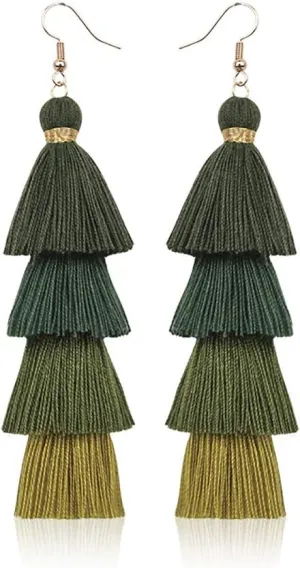Bohemian Layered Long Pom Pom Tassel Earrings Drop Dangle Tiered Ombre Fringe for Women