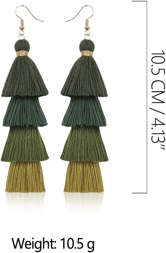 Bohemian Layered Long Pom Pom Tassel Earrings Drop Dangle Tiered Ombre Fringe for Women
