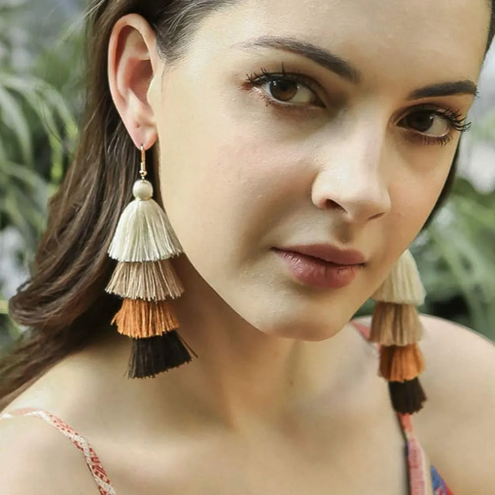 Bohemian Layered Long Pom Pom Tassel Earrings Drop Dangle Tiered Ombre Fringe for Women