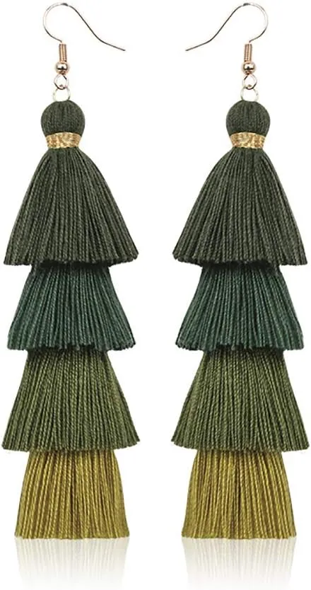 Bohemian Layered Long Pom Pom Tassel Earrings Drop Dangle Tiered Ombre Fringe for Women