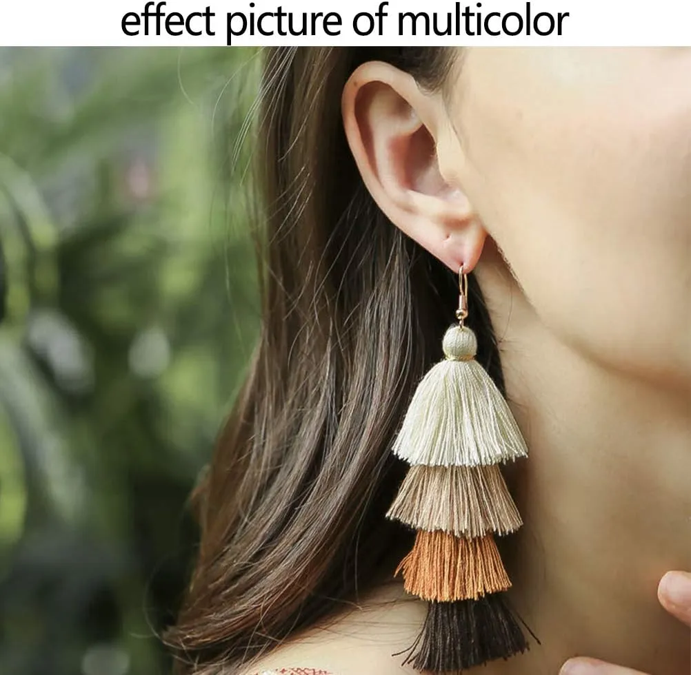 Bohemian Layered Long Pom Pom Tassel Earrings Drop Dangle Tiered Ombre Fringe for Women