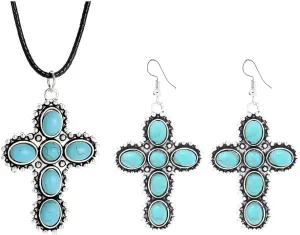 Bohemian Natural Turquoise Cross Pendant Necklace Earrings Western Vintage Women's Jewelry Set