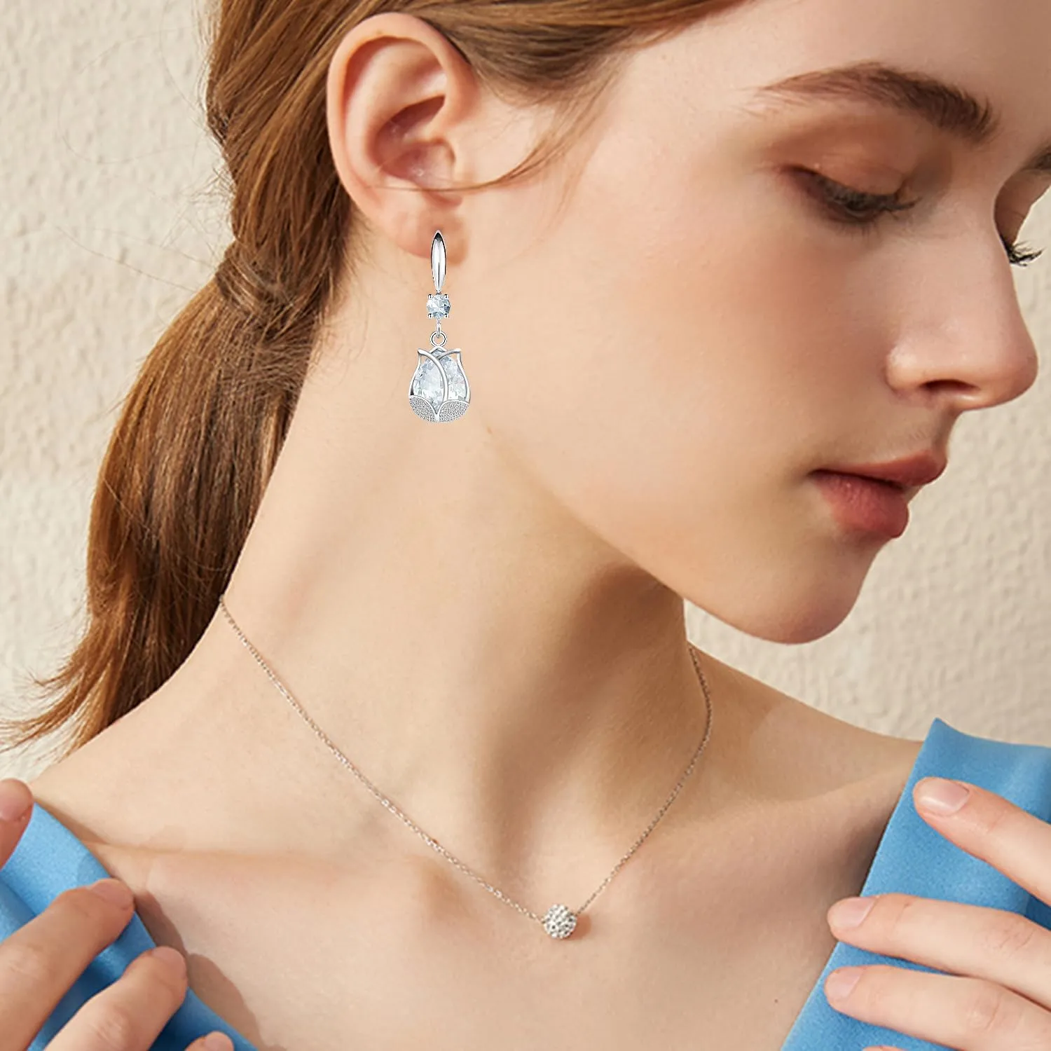 Bohemian Sliver Crystal Tulip Lightweight Dangle Drop Earrings Sparkly Teardrop Hollow Flower Hook Earrings For Women