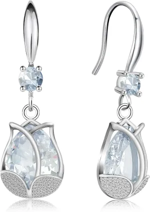 Bohemian Sliver Crystal Tulip Lightweight Dangle Drop Earrings Sparkly Teardrop Hollow Flower Hook Earrings For Women