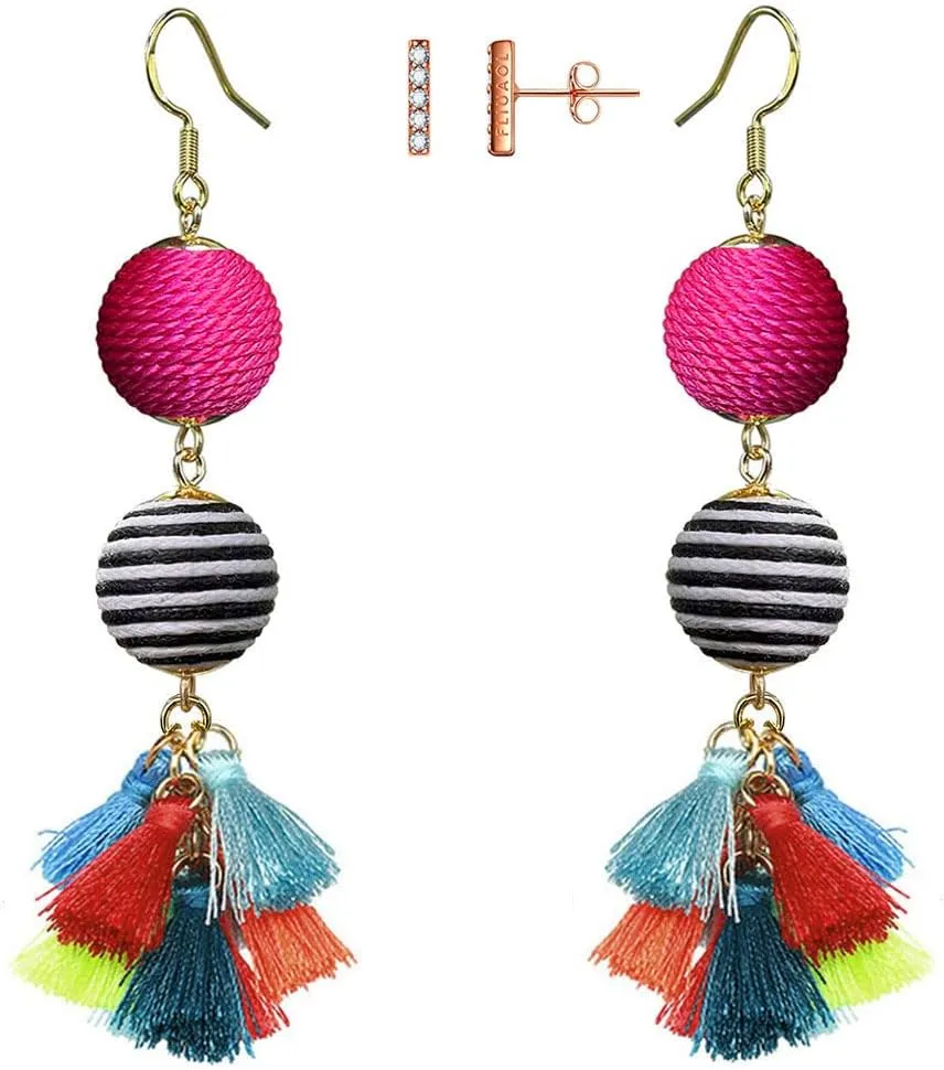 Bohemian Thread Ball Tassel Dangle Drop Earrings for Women Teen Girls Christmas Valentines Day Gift