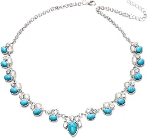 Bohemian Turquoise Bead Collar Choker Necklace Boho Ethnic Adjustable Chain Pendant Necklace for Women Holiday Jewelry