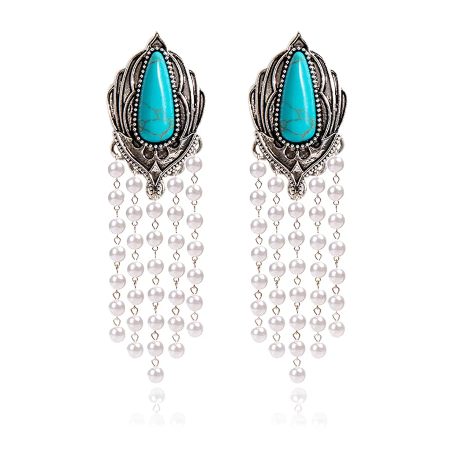 Bohemian Turquoise Earrings for Women Vintage Western Tassels Teardrop Earrings Western Ethnic Boho Jewelry (Turquoise Pearl)