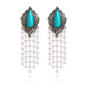 Bohemian Turquoise Earrings for Women Vintage Western Tassels Teardrop Earrings Western Ethnic Boho Jewelry (Turquoise Pearl)