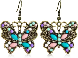 Bohemian Vintage Copper Enamel Butterfly Hollow Lightweight Dangle Drop Earrings Aesthetic Flower Hook Earrings For Women Jewelry Gifts
