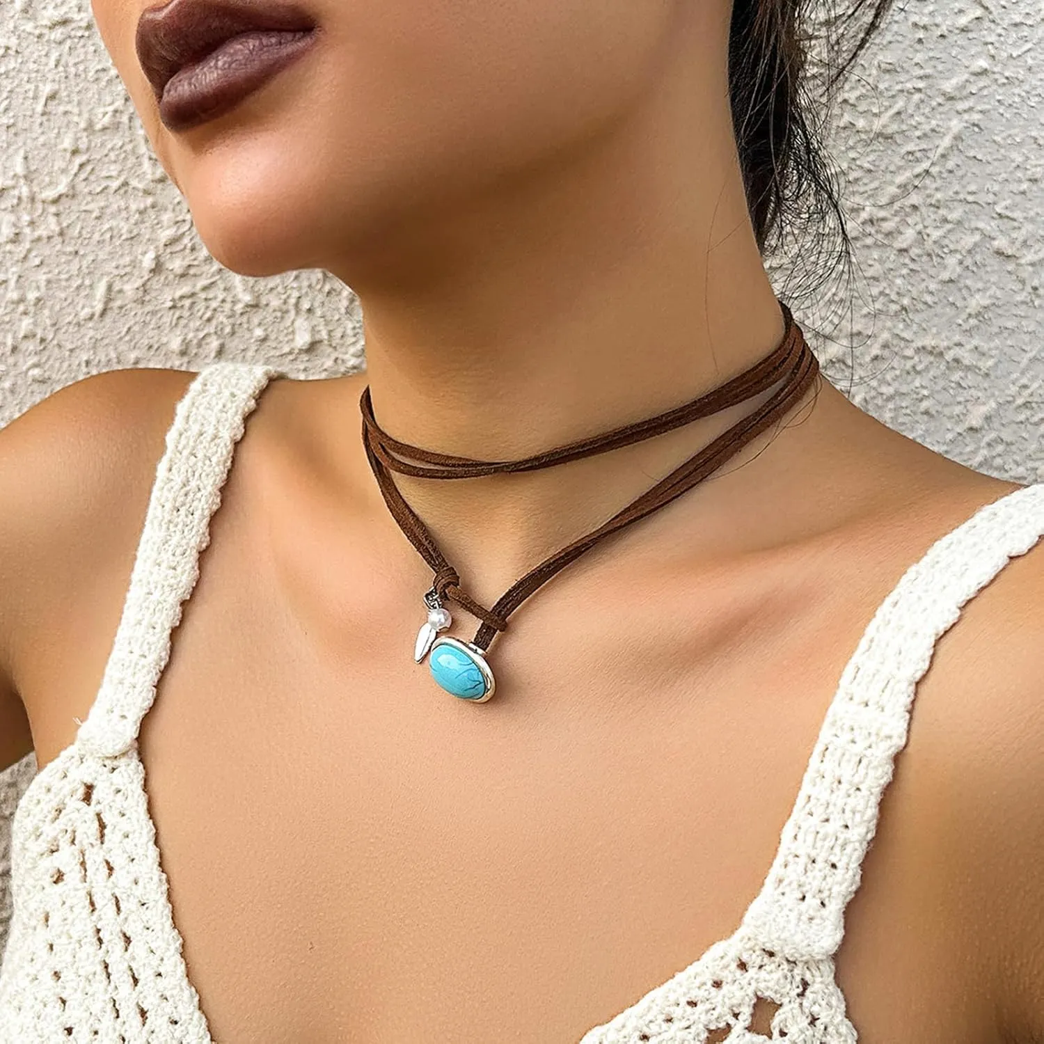 Boho Choker Necklace for Women Brown Suede Western Necklace Layered Bohemian Turquoise Coin Choker Western Turquoise Jewelry for Women