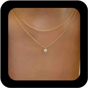 Boho Layered Crystal Necklace Chain Gold Solitaire Pendant Necklace Tiny Crystal Bead Necklace Cz Diamond Necklace Gold Layering Necklace Jewelry for Women(Gold A Style)