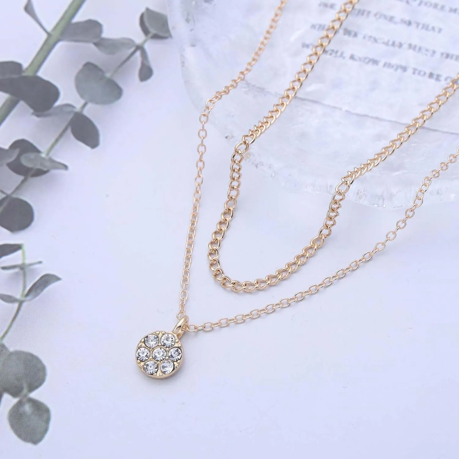 Boho Layered Crystal Necklace Chain Gold Solitaire Pendant Necklace Tiny Crystal Bead Necklace Cz Diamond Necklace Gold Layering Necklace Jewelry for Women(Gold A Style)