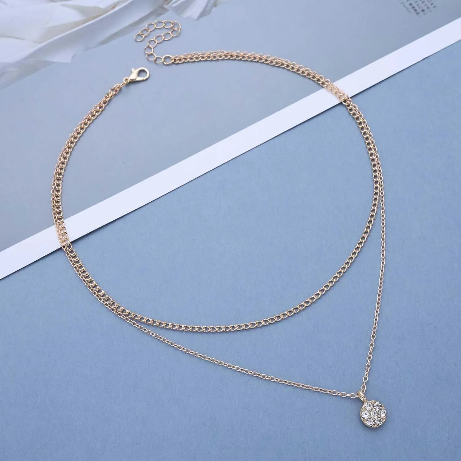 Boho Layered Crystal Necklace Chain Gold Solitaire Pendant Necklace Tiny Crystal Bead Necklace Cz Diamond Necklace Gold Layering Necklace Jewelry for Women(Gold A Style)