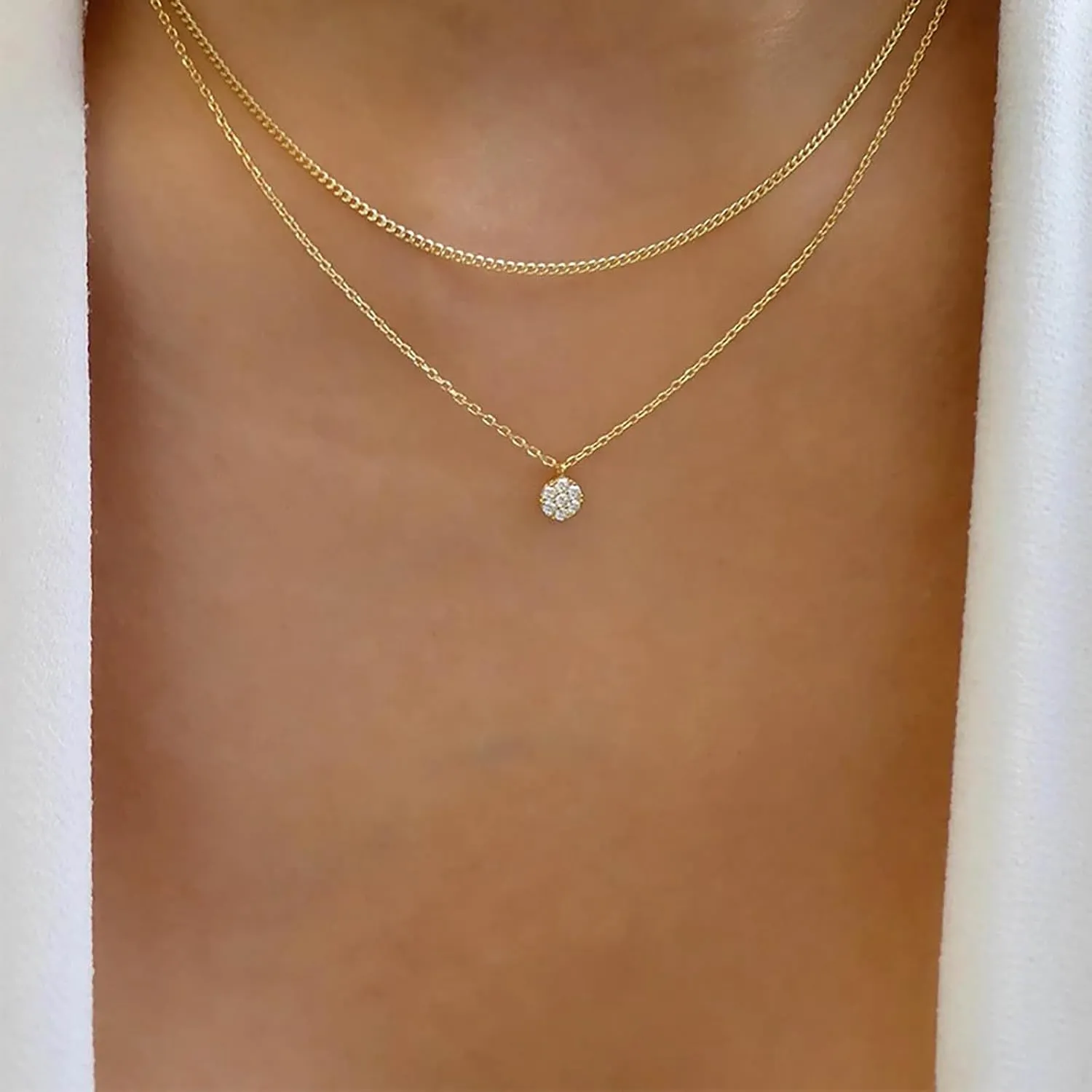 Boho Layered Crystal Necklace Chain Gold Solitaire Pendant Necklace Tiny Crystal Bead Necklace Cz Diamond Necklace Gold Layering Necklace Jewelry for Women(Gold A Style)