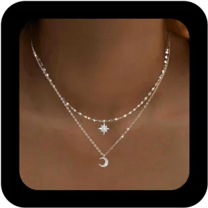 Boho Layered Star Moon Necklace North Star Pendant Necklace Silver Crystal Moon Pendant Necklace Cz Star Choker Necklace Layering Necklace Choker Jewelry for Women