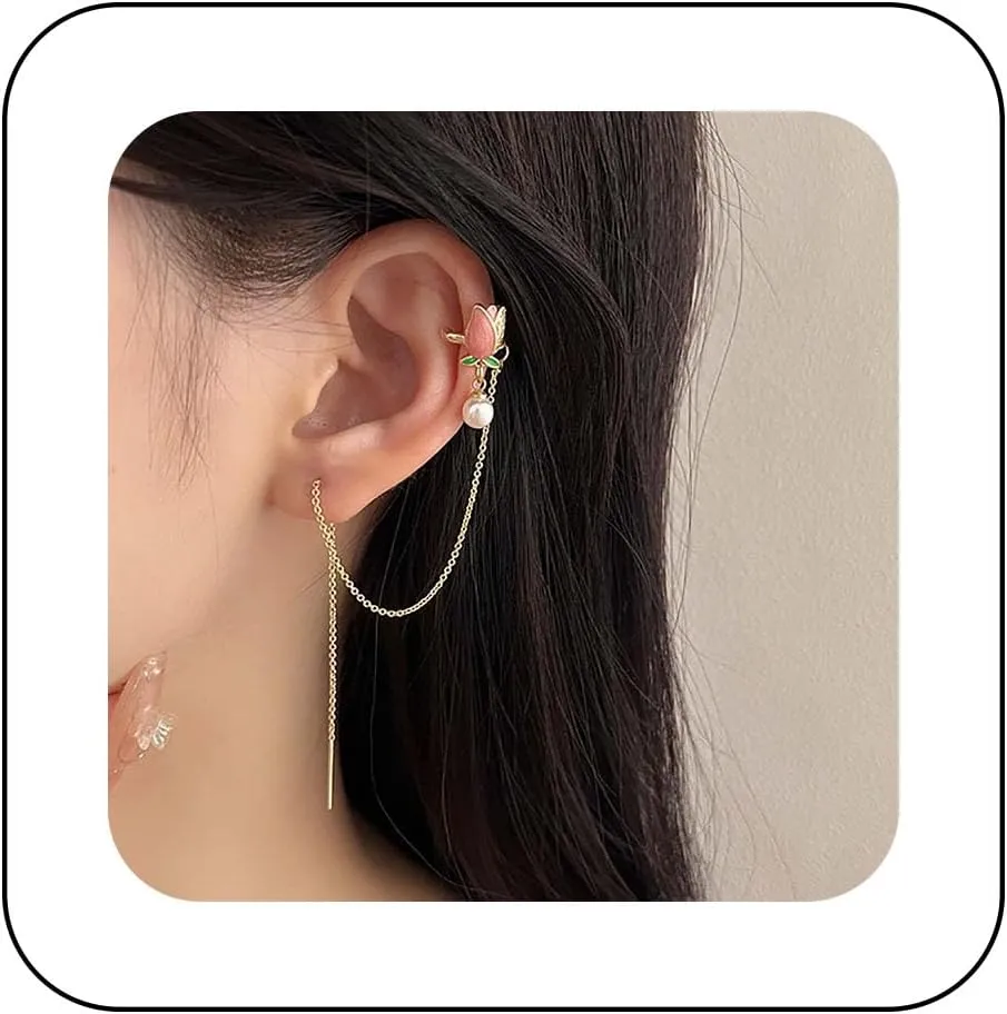 Boho Long Tassel Chain Cuff Earrings Long Chain Tassel Wrap Crawler Earrings Gold Tulip Flower Cartilage Chain Earring Vintage Tassel Threader Earrings Jewelry for Women