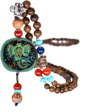 Boho Nepal Mala Wood Bead Fish Elephant Long Pendant Necklace for Women Friend Vintage Chunky Wooden Rosary Statement Sweater Chain Necklace Handmade Ethnic Meditation Prayer Jewelry