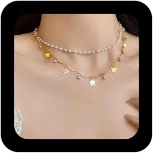 Boho Pearl Butterfly Necklace Chain Layered Gold Pearl Choker Necklace Dangle Butterfly Chain Necklace Cz Pearl Bead Necklace Jewelry for Women