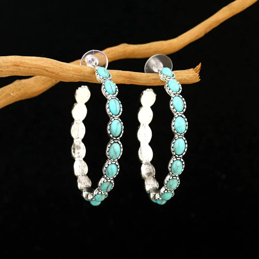 Boho Turquoise Oval Drop Dangle Earrings for Women Statement Beaded Western Flower Teardrop Earrings Vintage Ethnic Alloy Geometric Pendant Jewelry Gift