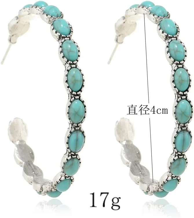 Boho Turquoise Oval Drop Dangle Earrings for Women Statement Beaded Western Flower Teardrop Earrings Vintage Ethnic Alloy Geometric Pendant Jewelry Gift
