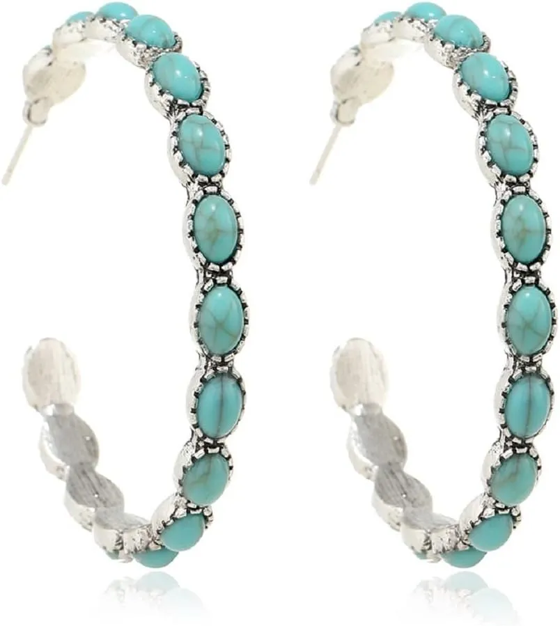 Boho Turquoise Oval Drop Dangle Earrings for Women Statement Beaded Western Flower Teardrop Earrings Vintage Ethnic Alloy Geometric Pendant Jewelry Gift