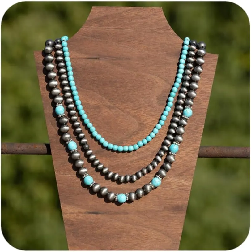 Boho Vintage Pearl and Bead Choker Necklace for Women - Western Cowgirl Multi-Layer Turquoise Statement Jewelry