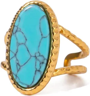Boho Western Turquoise Ring, Oval Turquoise Gemstone December Birthstone Open Adjustable Statement Ring, Gold Plated Stainless Steel Stackable Rings for Women Size 8