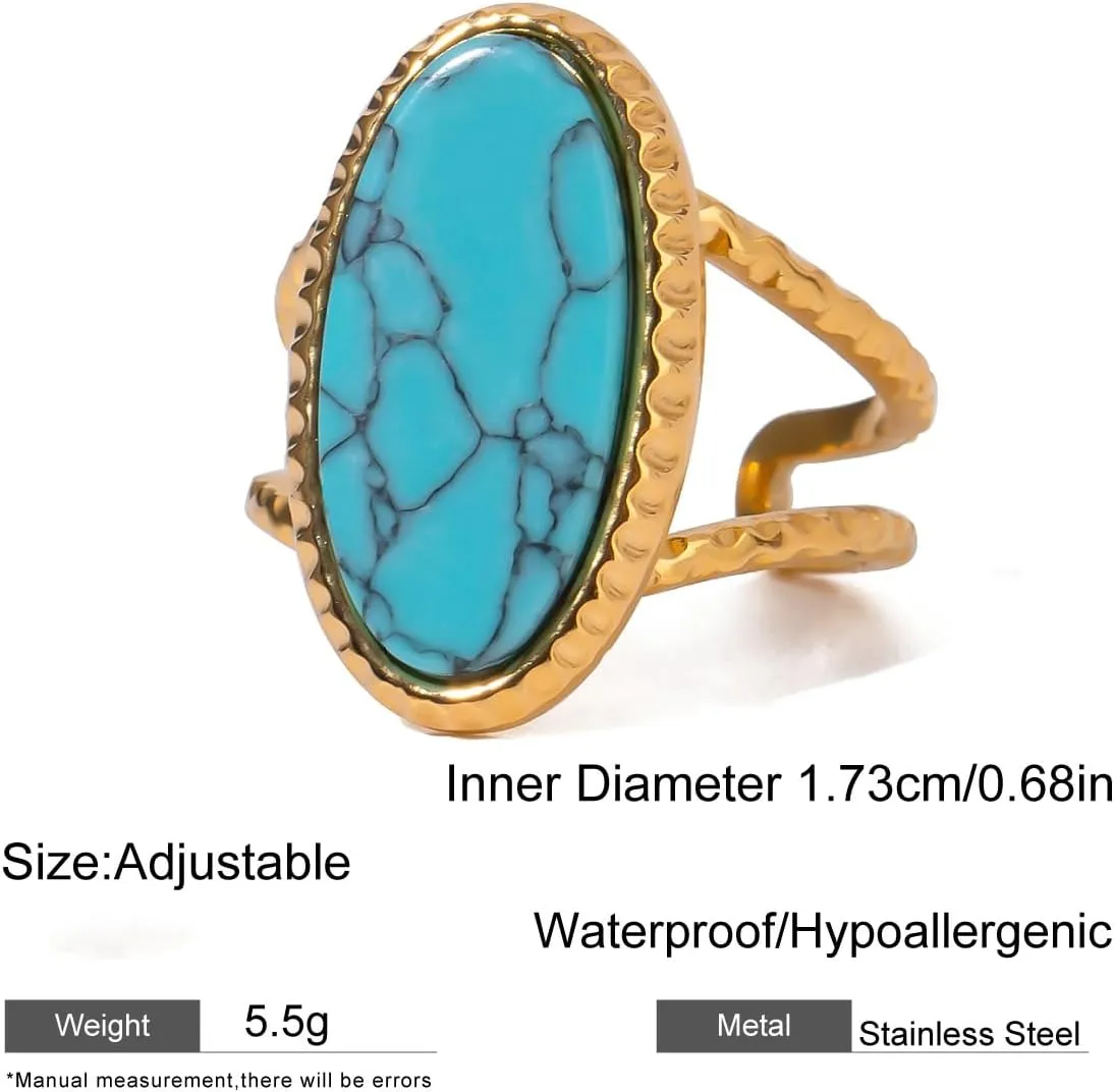 Boho Western Turquoise Ring, Oval Turquoise Gemstone December Birthstone Open Adjustable Statement Ring, Gold Plated Stainless Steel Stackable Rings for Women Size 8