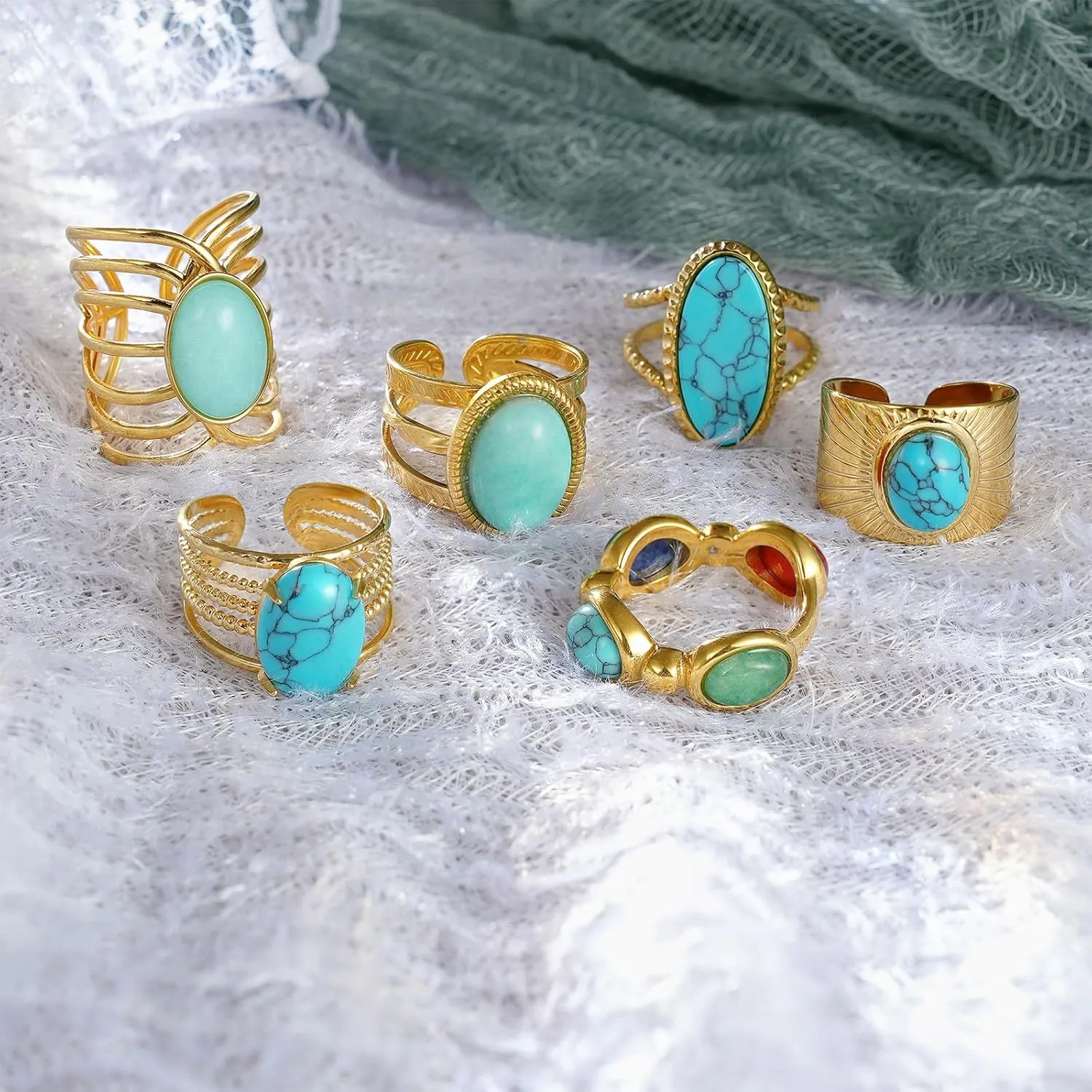Boho Western Turquoise Ring, Oval Turquoise Gemstone December Birthstone Open Adjustable Statement Ring, Gold Plated Stainless Steel Stackable Rings for Women Size 8