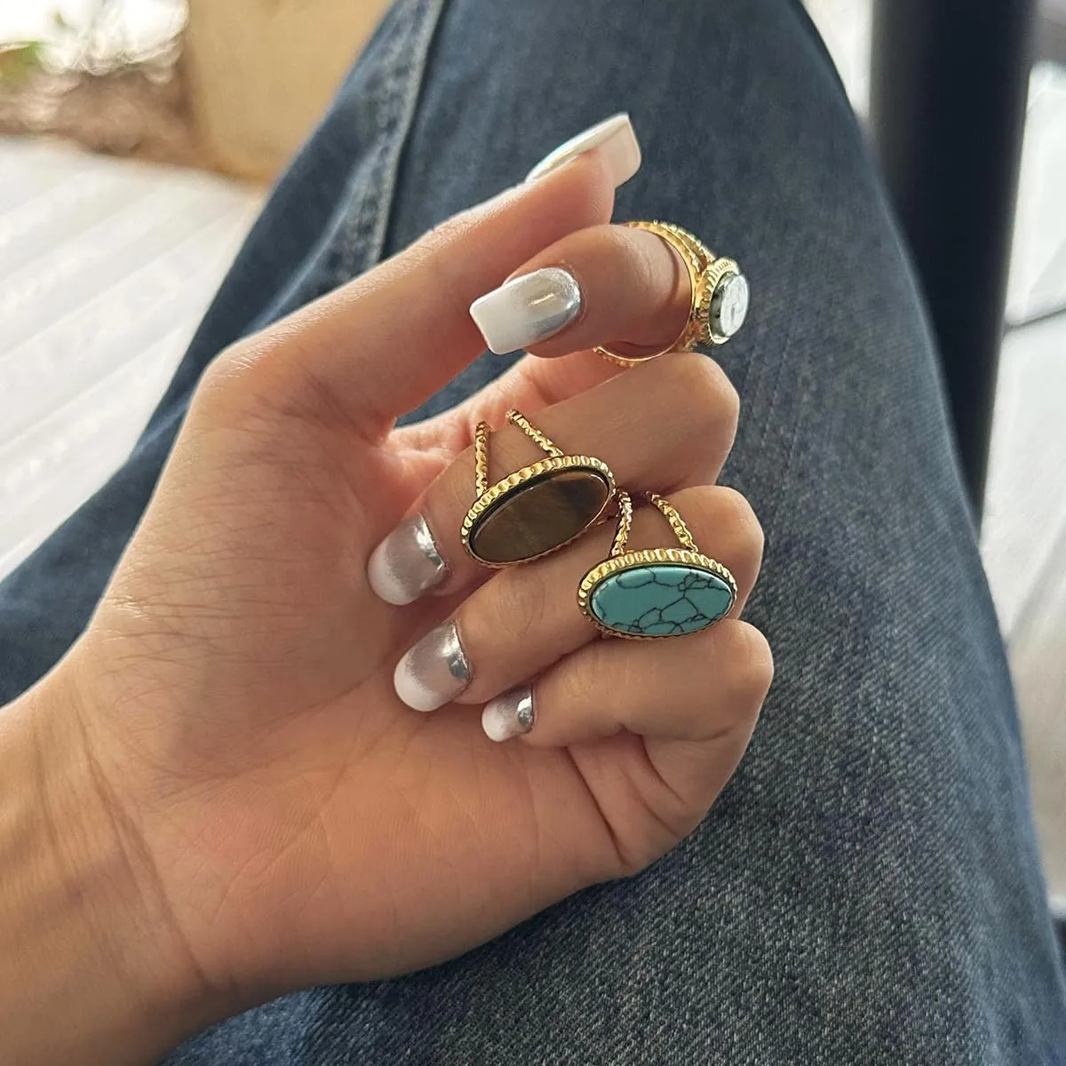 Boho Western Turquoise Ring, Oval Turquoise Gemstone December Birthstone Open Adjustable Statement Ring, Gold Plated Stainless Steel Stackable Rings for Women Size 8