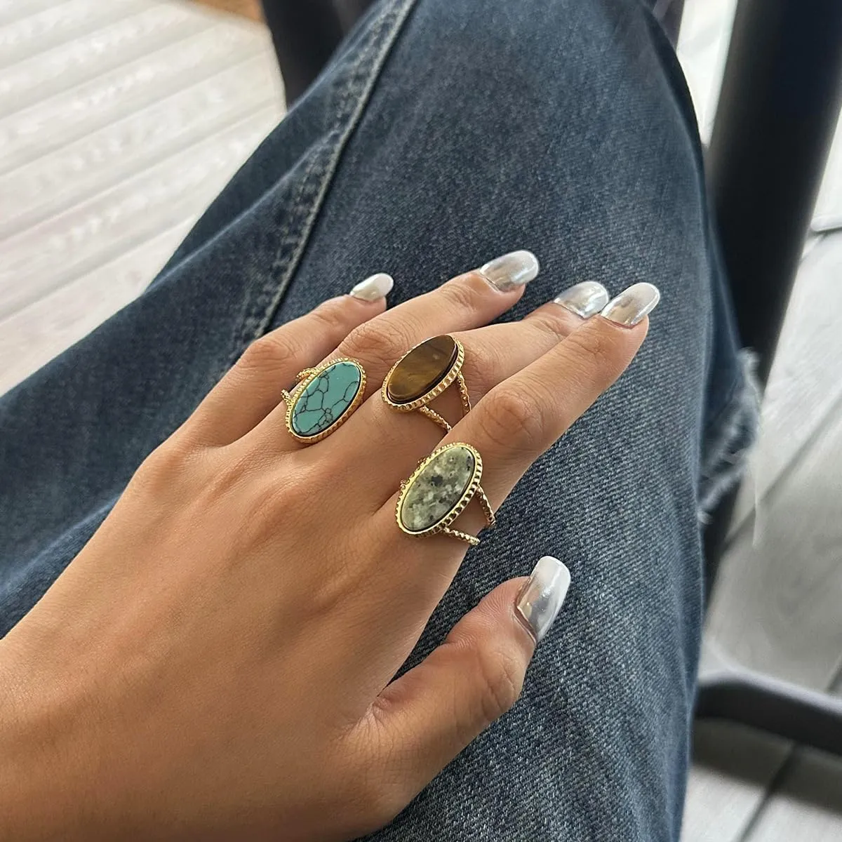 Boho Western Turquoise Ring, Oval Turquoise Gemstone December Birthstone Open Adjustable Statement Ring, Gold Plated Stainless Steel Stackable Rings for Women Size 8