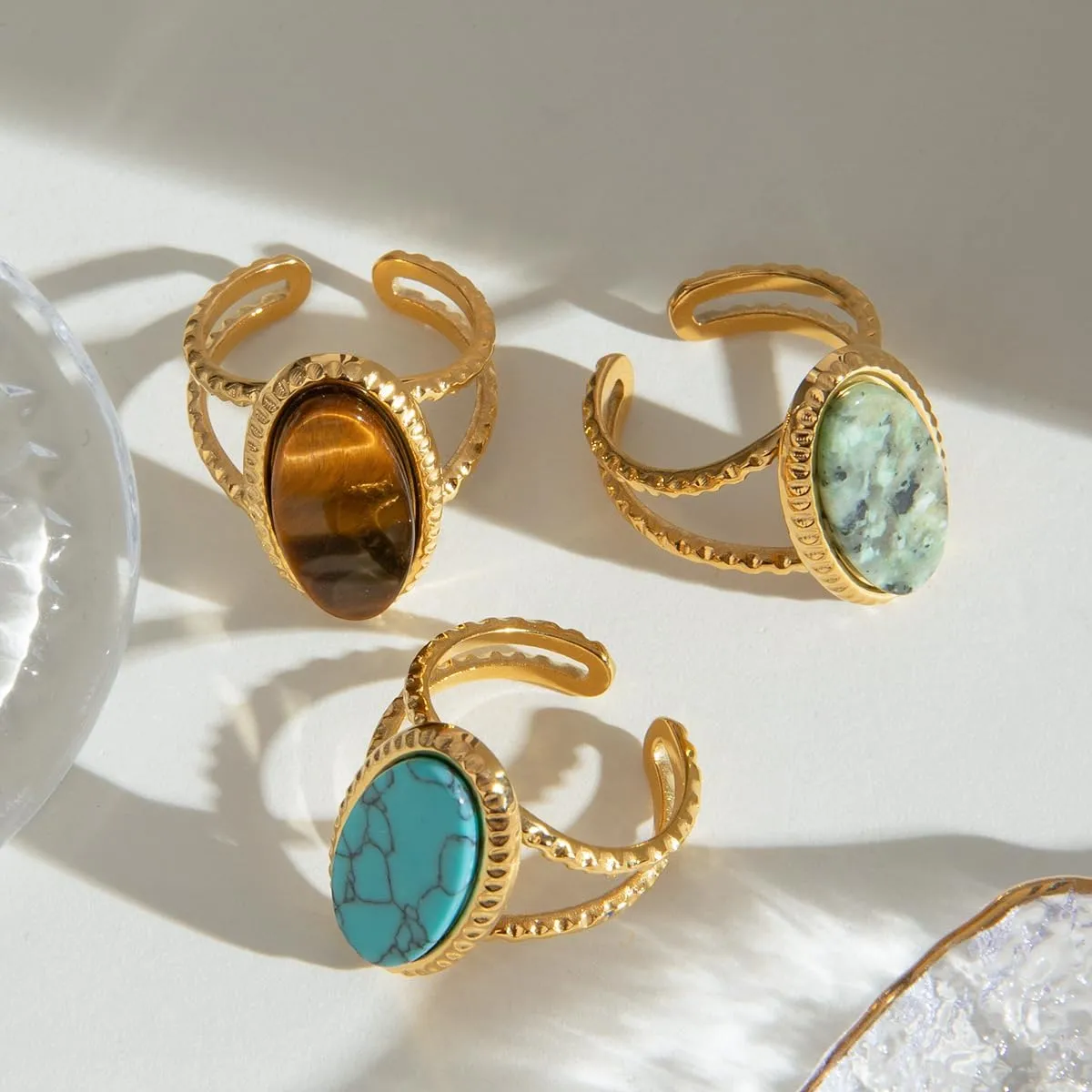 Boho Western Turquoise Ring, Oval Turquoise Gemstone December Birthstone Open Adjustable Statement Ring, Gold Plated Stainless Steel Stackable Rings for Women Size 8