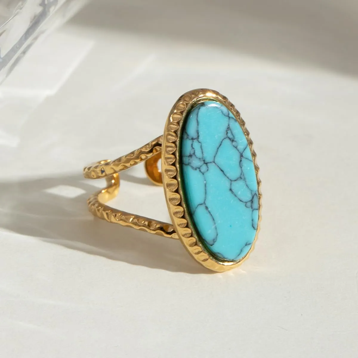 Boho Western Turquoise Ring, Oval Turquoise Gemstone December Birthstone Open Adjustable Statement Ring, Gold Plated Stainless Steel Stackable Rings for Women Size 8