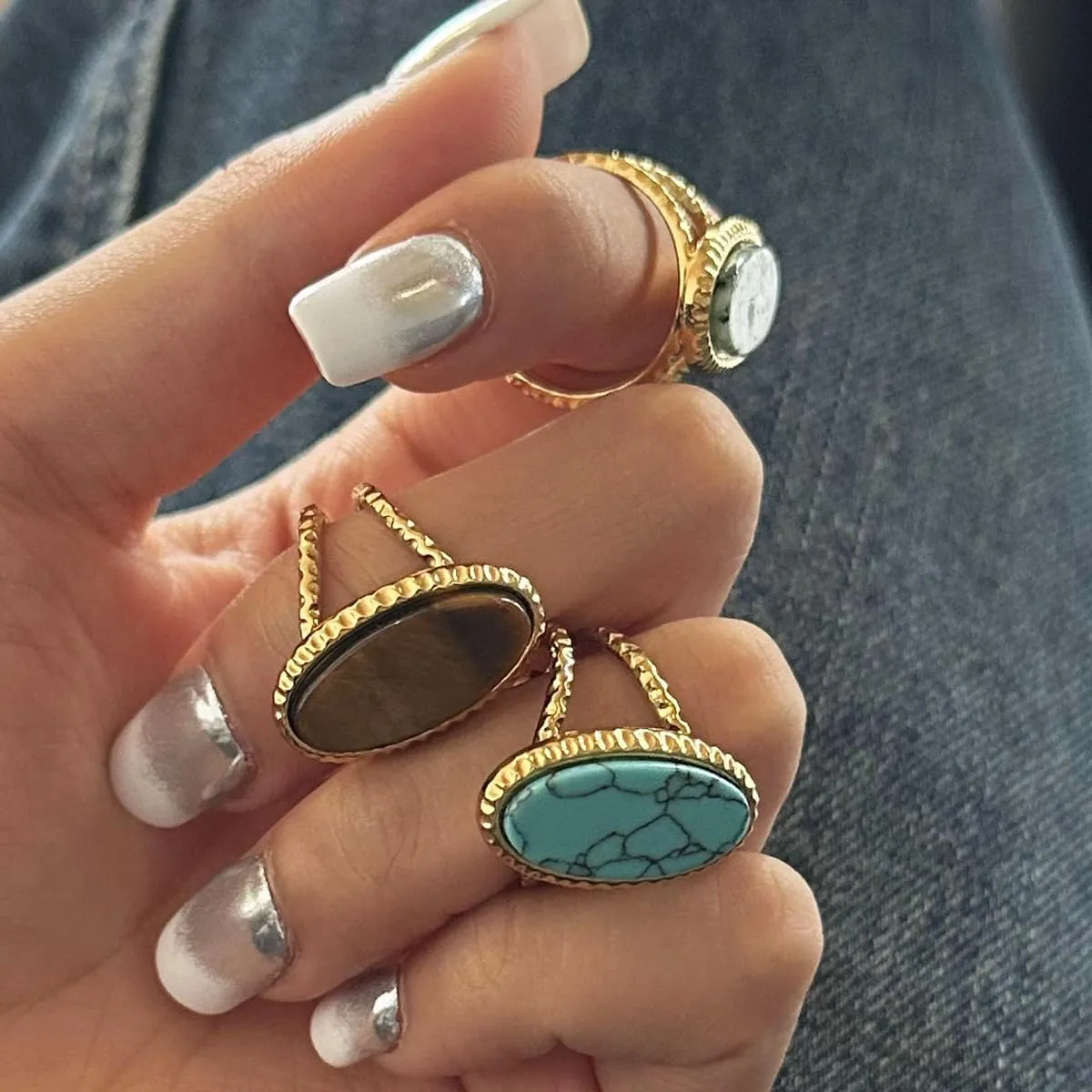Boho Western Turquoise Ring, Oval Turquoise Gemstone December Birthstone Open Adjustable Statement Ring, Gold Plated Stainless Steel Stackable Rings for Women Size 8