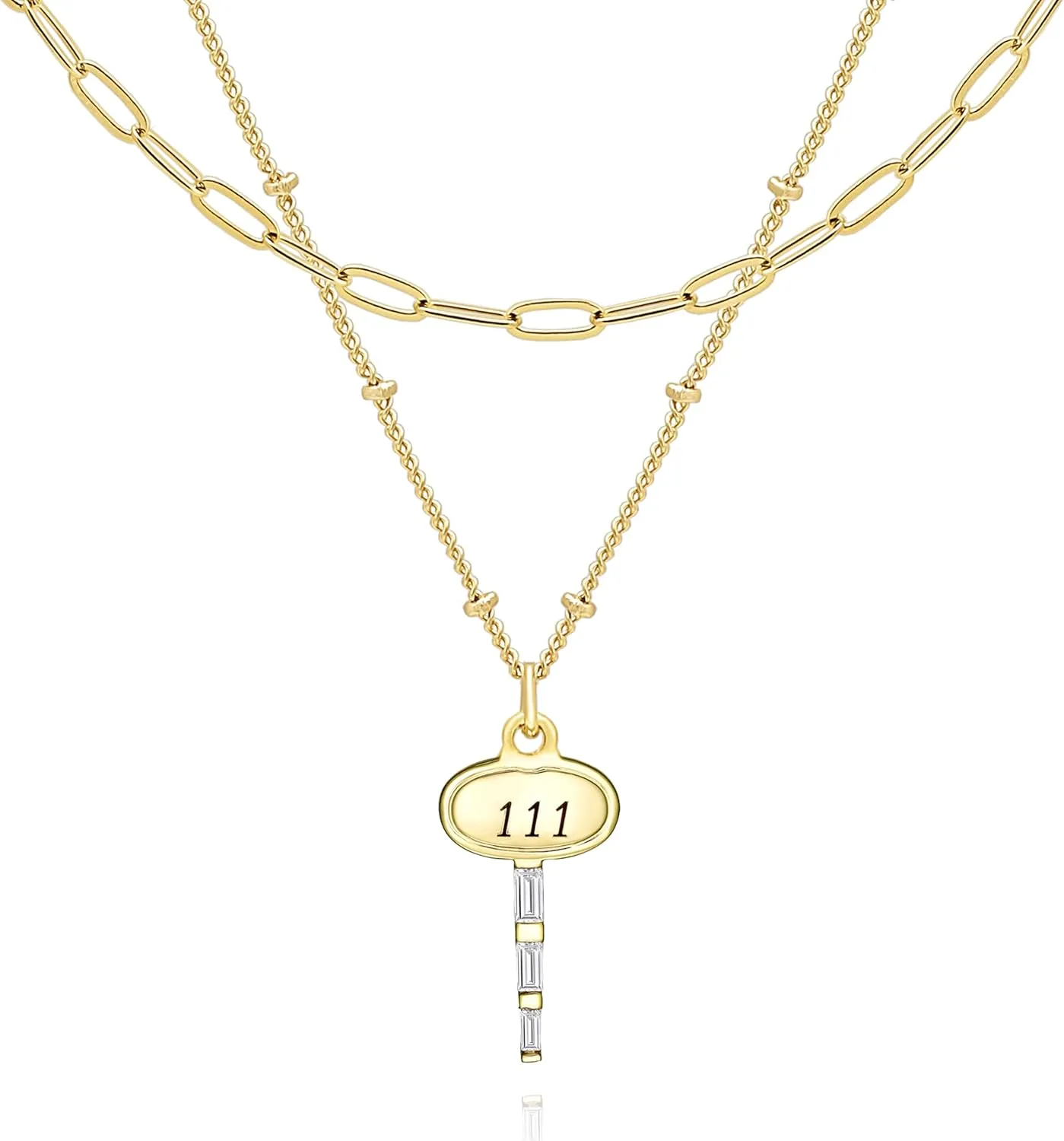BONALUNA Angel Number Dainty Gold Necklace - 2 Layered & Separate Chains with Key Crystal Embellished Penant for Women, Perfect Jewelry for Gifts