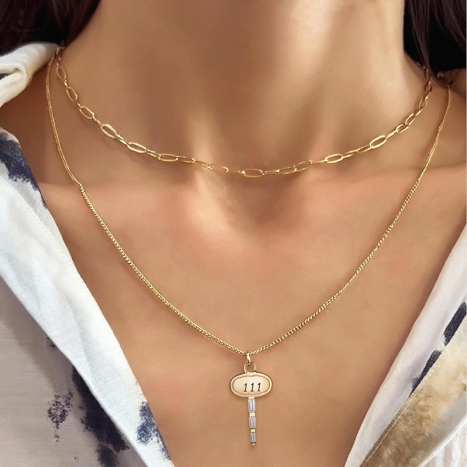 BONALUNA Angel Number Dainty Gold Necklace - 2 Layered & Separate Chains with Key Crystal Embellished Penant for Women, Perfect Jewelry for Gifts